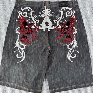 Y2K Dragon Embroidered Denim Shorts Gothic Affliction Style Baggy 38